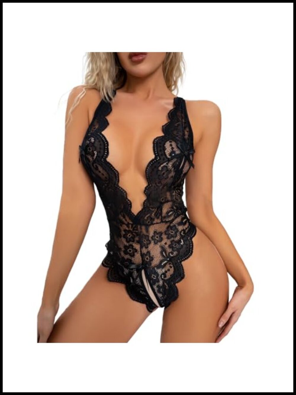 Lace Teddy Bodysuit One Piece Deep V Babydoll Lingerie Adjustable Straps
